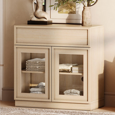 Modern Accent Cabinet with 2 Glass Doors and Drawer, Multifunctional Accent Chest with Large Storage and Adjustable Shelf