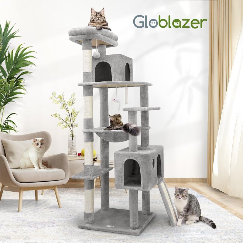 Très grand arbre à chat 70 po pour chats d'intérieur avec tour à griffer, Gris clair