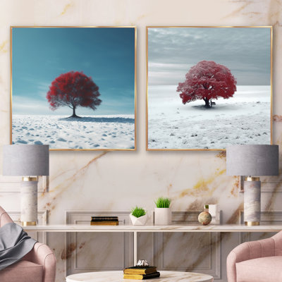 Arbre rouge dans la neige - ensemble de 2 collages carrés