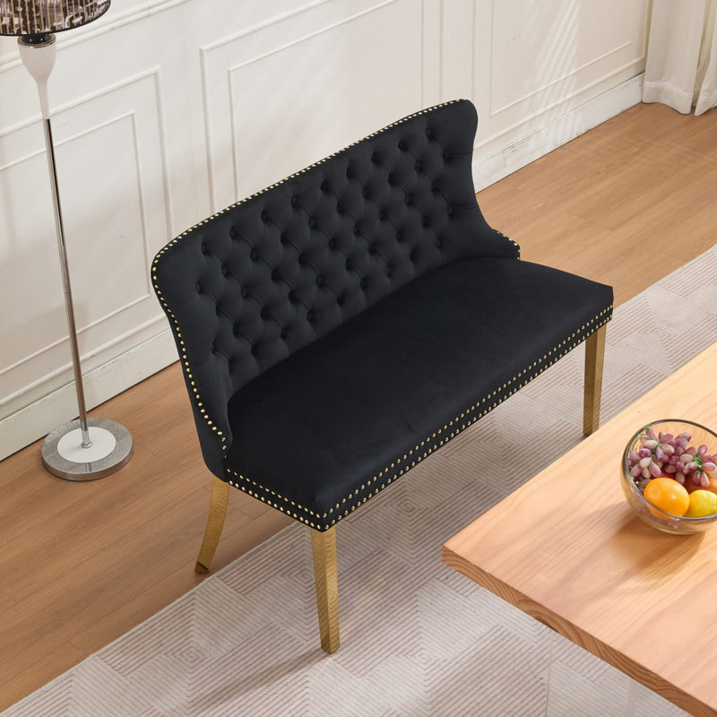 Velvet Double Dining Loveseat Bench, Kitchen & Dining Seating, 2-Seat Tufted Bench W/Handmade Buttons, Wing Back, Gold-Plated Steel Legs, Mid Century Modern,Single Pack,Black,SW1602BK