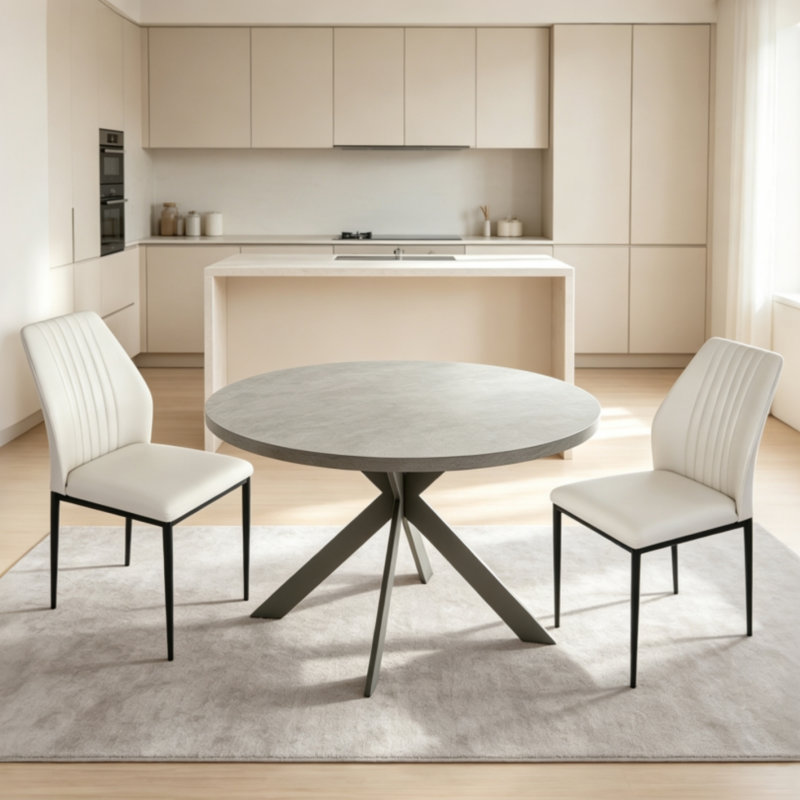 Cappelletti Round Steel Pedestal Dining Table Set, White, 3 Pieces: Table, 2 Chairs