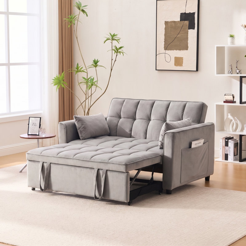 3 In 1 Convertible Sleeper Sofa Bed, Pull Out Couch For Living Room With Side Pocket, Loveseat Sleeper With Adjustable Backrest