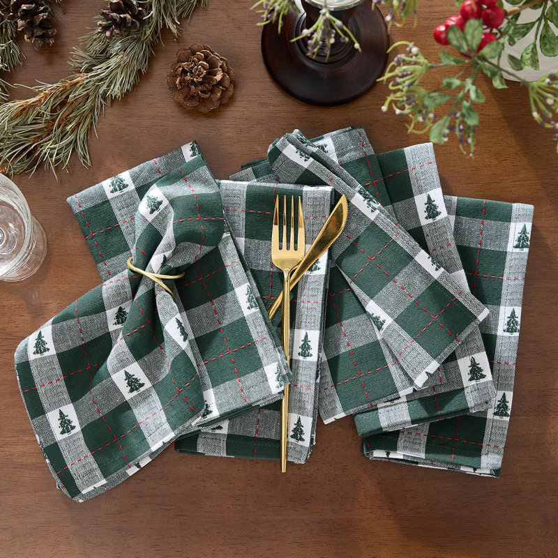 Keandra Tree Dobby Christmas/Holiday Cotton Dinner Napkins, 17"x17", Green