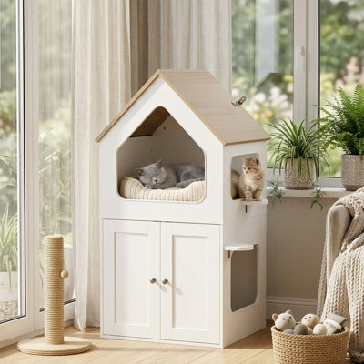 Roof-Shaped Cat Litter Box Enclosure With Cat Condo, Scratch Pad & Side Steps, Wooden Hidden Litter Box Furniture With Double Doors, Indoor Pet Cabinet