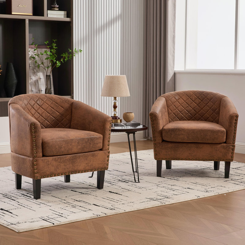 Accent Chairs,modern Barrel Club Chair For Living Room,arm Chair With Nailhead Trim And Diamond Grid Backrest（set Of 2）