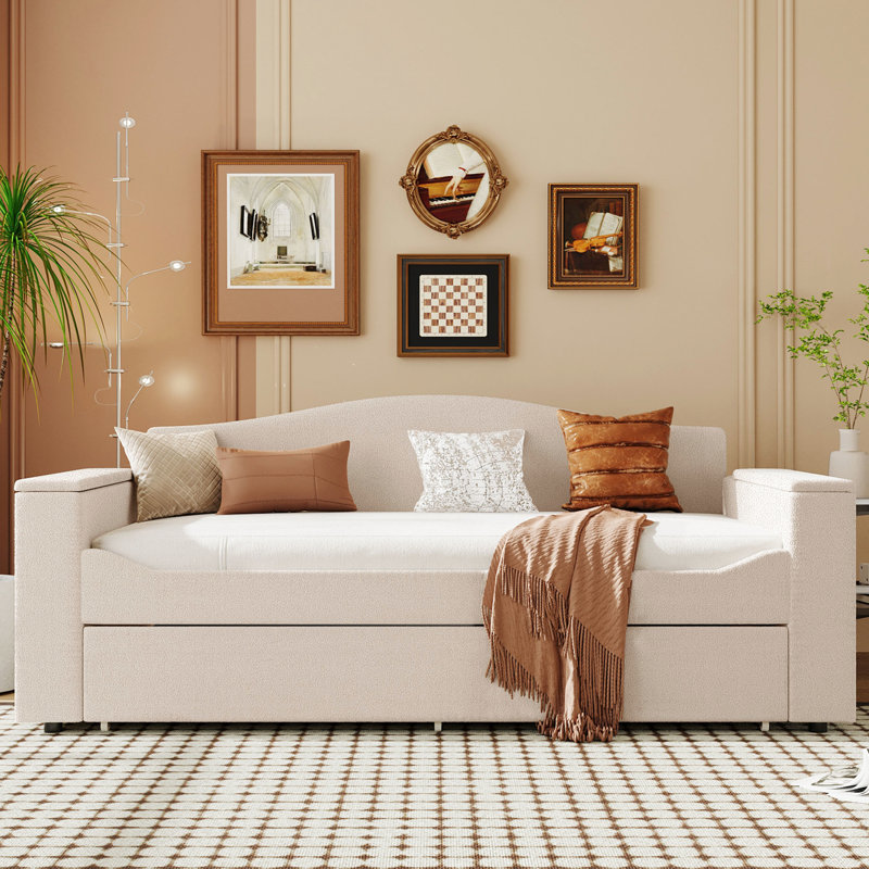 Lit de jour rembourré avec couchette simple beige, rangement et rangement pour système audio, divertissement, Lit simple