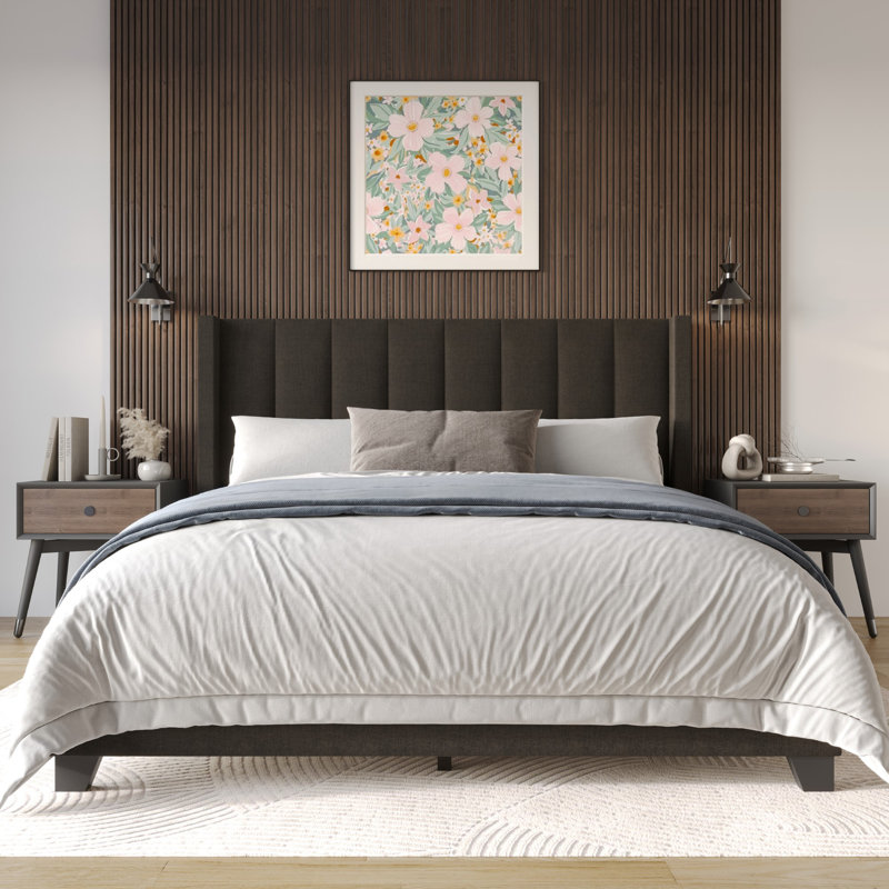Batholo Upholstered Wingback Bed, Dark Brown, Twin