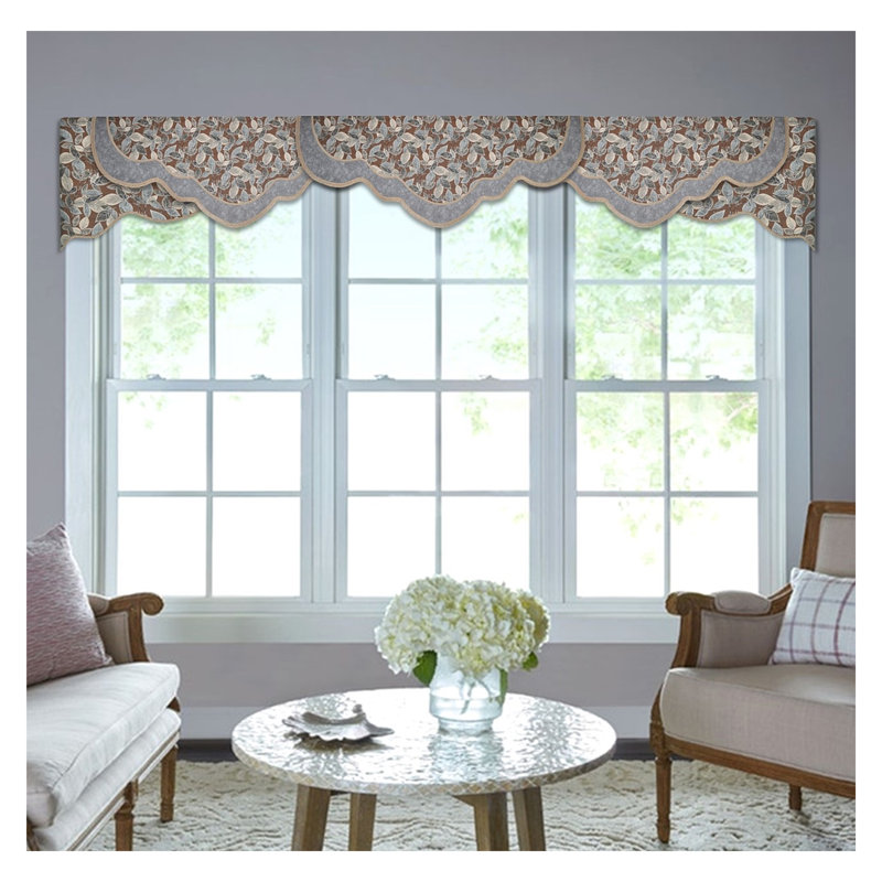 Gray and Beige Scalloped Rod Pocket Valance with Beaded Trim