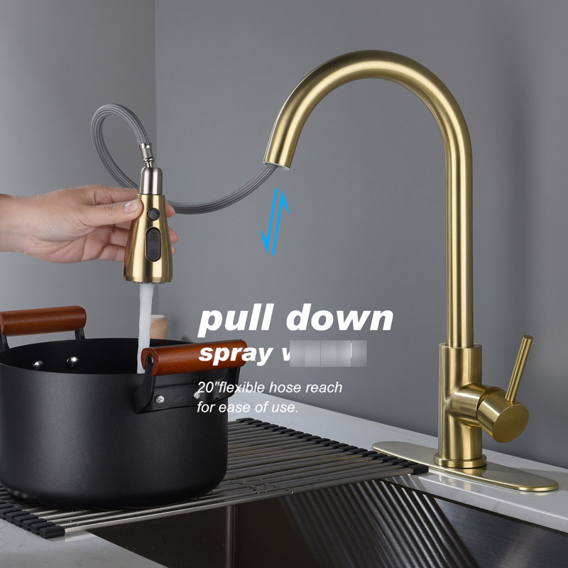 Single Lever Stainless Steel Kitchen Faucet With Pull - Out In Brushed Gold, Fitting A Wide Range Of Sinks, 360 Rotating High Arc Nozzle, Dirt Treatment, Aerators For Smooth And Splash Water Flow