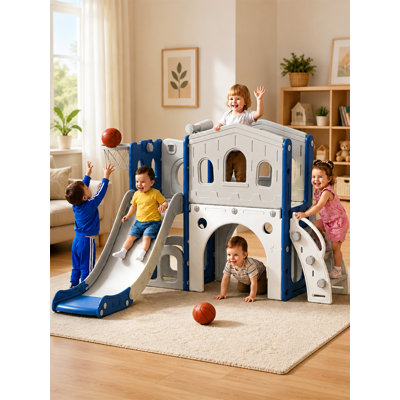 Toboggan pour tout-petits avec échelle d'escalade, tunnel et panier de basketball, ensemble de jeu de glissade pour enfants intérieur et extérieur avec télescope, ensemble de jeu autoportant pour tout-petits Montessori, bleu