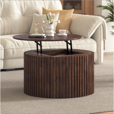 Table basse ronde à plateau relevable, table d'appoint moderne en bois cannelé avec rangement caché pour le salon