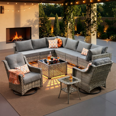 Emroy 8 - Person Wicker/Rattan Sectional Seating Group with Lighted Coffee Table and Swivel Chairs, All Weather Modular Outdoor Conversation Set with Cushions