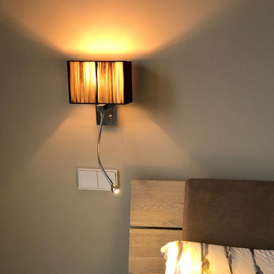 Twine wall lamp with LED reading arm and fabric shade