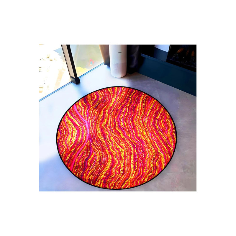 Tapis décoratif tissé à motifs en jaune, rose et orange, Rond 3 pi 4 po
