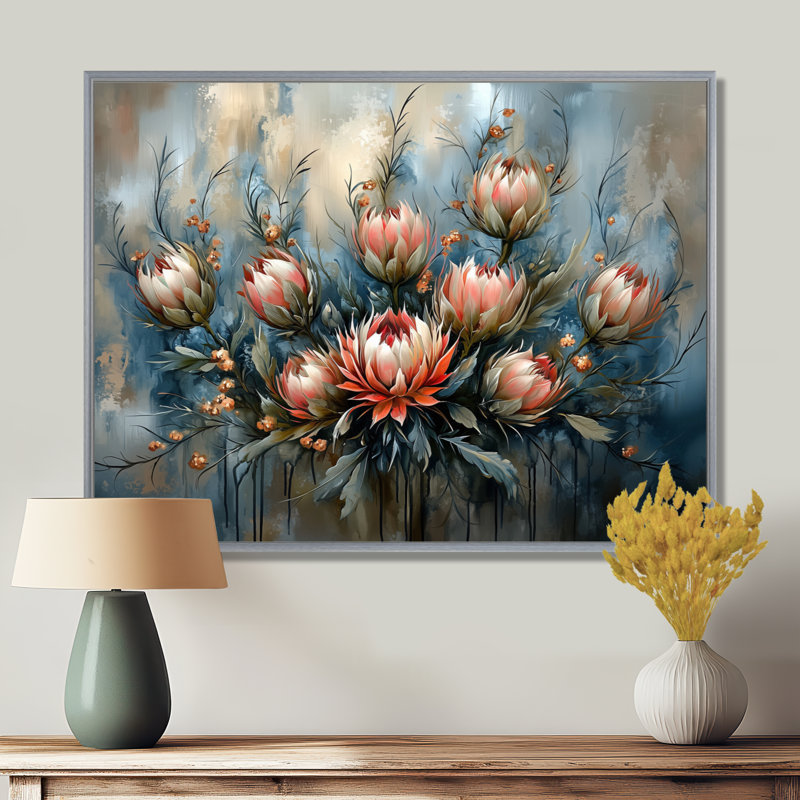 Gris gris, chardon d'hiver, harmonie II - chardon, décoration murale, Argent argent, H 30 po x l 40 po, Floater Framed