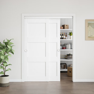 Manufactured Wood Paneled with Installation Hardware Kit Sliding Closet Doors & Black Handle
