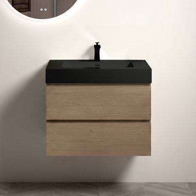 Meuble-lavabo mural 30 po avec lavabo, grand meuble-lavabo flottant mural pour salle de bain moderne, lavabo une pièce noir sans bonde ni robinet, pré-assemblé