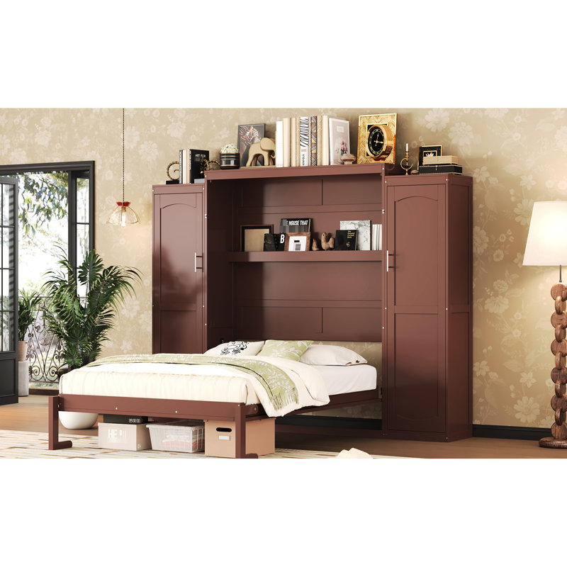 Full Size Bed With 2 Wardrobes, Multifunctional Foldable Bedframe, Walnut, Great For Guest Accommodation Built - In Wardrobes And Shelves, Platform Bedframe Room, Walnut Finish, Wood Construction