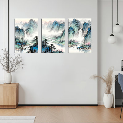 Peinture de paysage chinois, art mural sur toile tendue à l'encre traditionnelle (ensemble de 3)