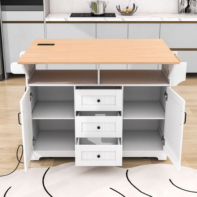 Chinita Versatile Dual Folding Kitchen Island Cart with Storage and Built-in Charging Station, White