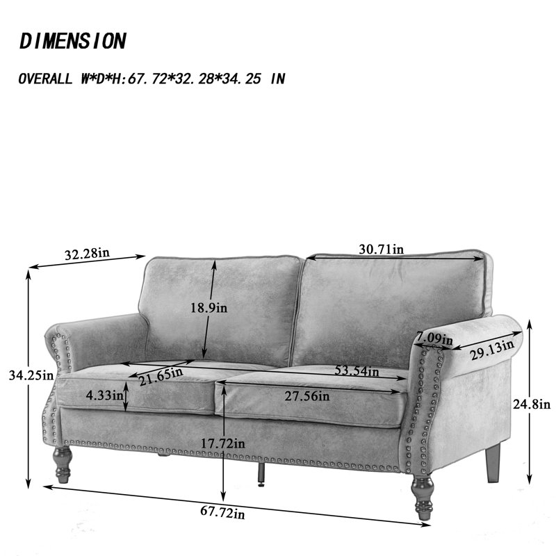 68" Upholstered 2 Seat Loveseat With Nailhead Trim