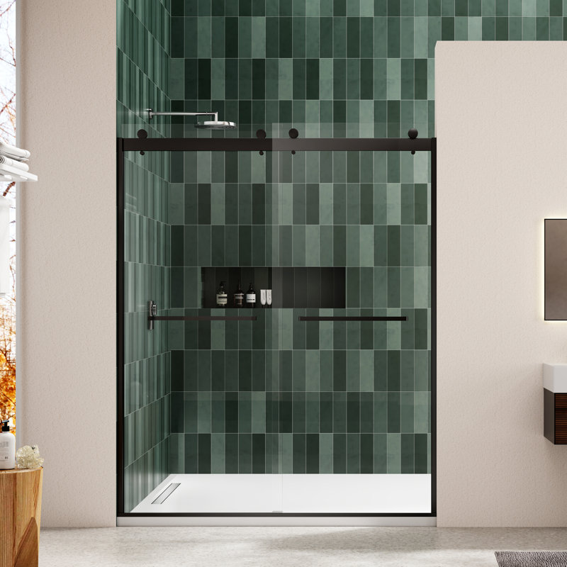 Porte de douche noire matte - Bypass coulissant avec quincaillerie en verre trempé de 5/16 po, Collision, Nano facile à nettoyer, quincaillerie transparente ouverte à gauche ou à droite 6074