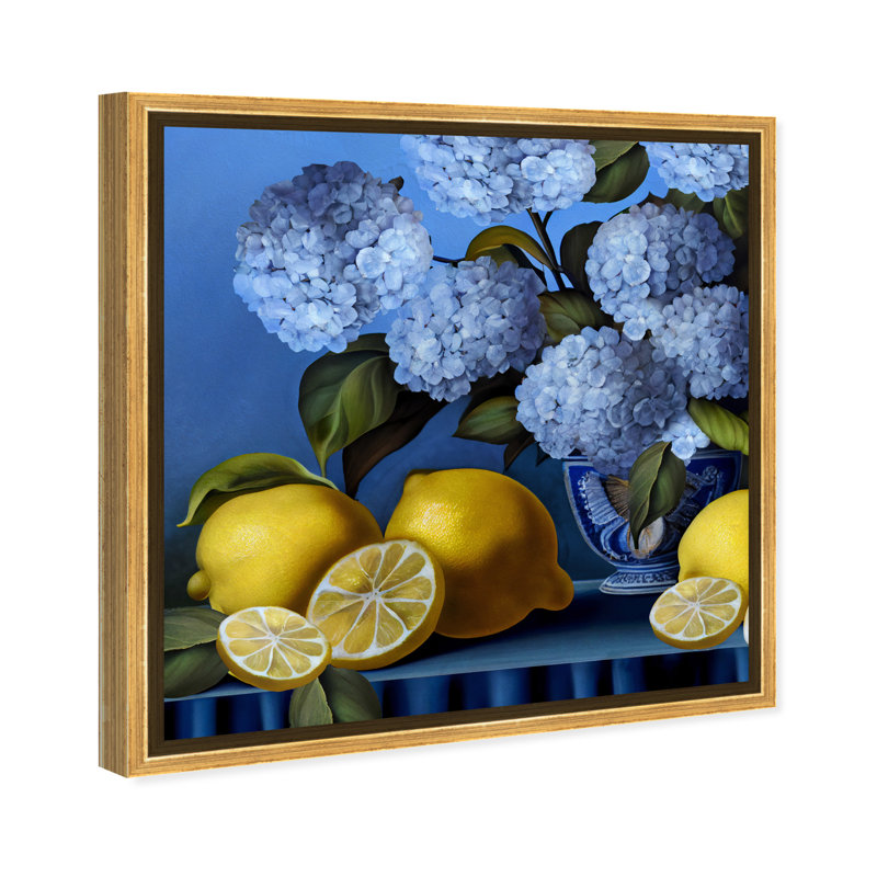 Vase hydrangées et citrons - impression, Impression encadrée, H 13,5 po x l 13,5 po, Doré