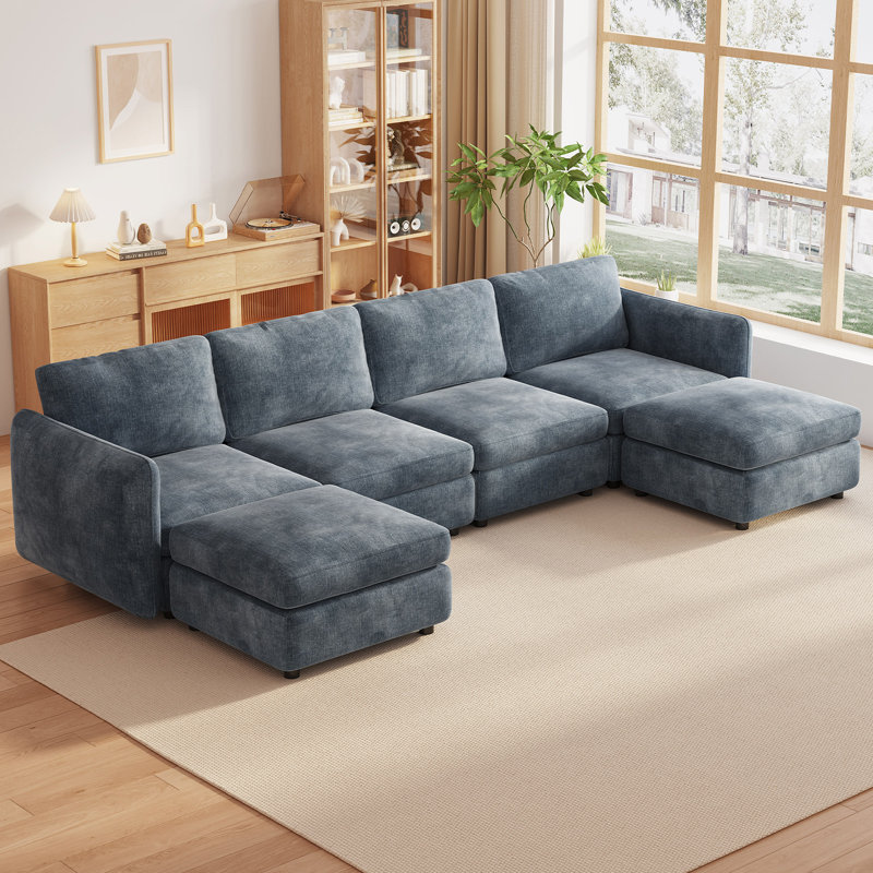 6-Seat Modular Sectional Sofa with Storage Ottomans, Blue, Living Room, 6