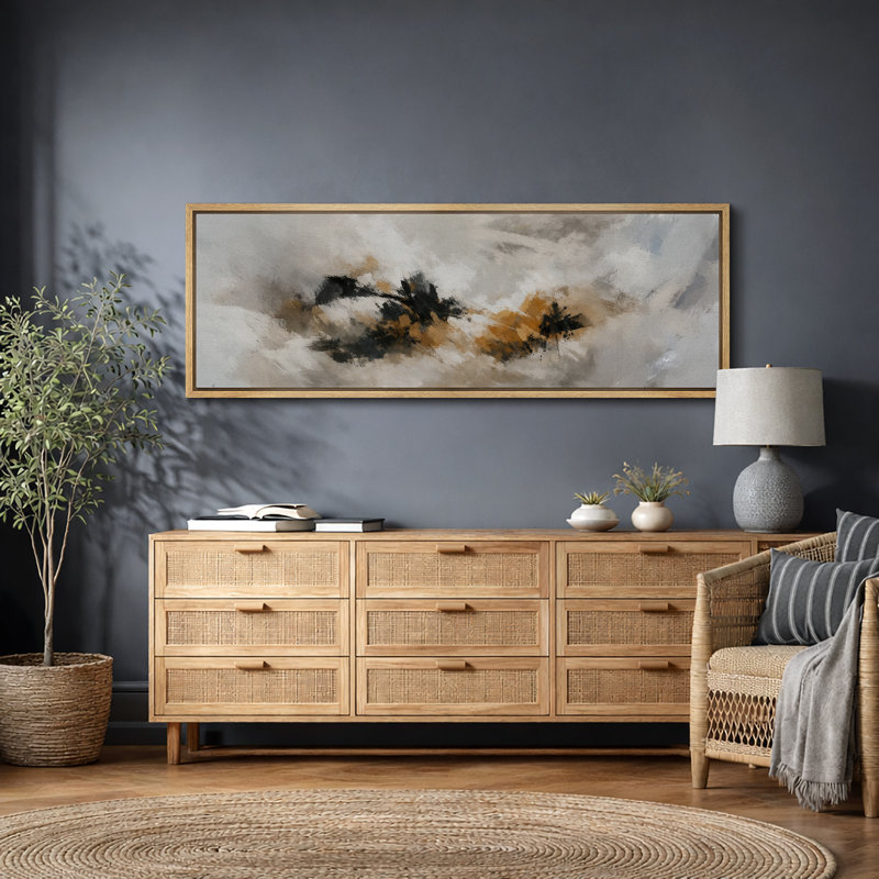 Bold Neutral Abstract Artwork with Black and Ochre Forms, Living Room Pictures, Framed Canvas Giclee Print Wall Art