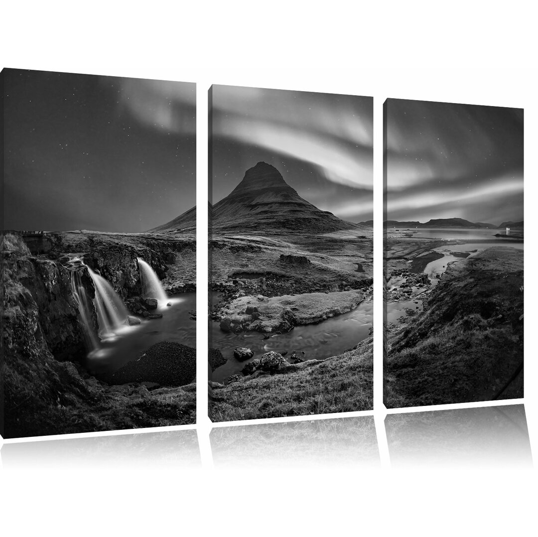 3-tlg. Leinwandbilder-Set „Kirkjufell Wasserfall mit Nordlichtern“, Fotodruck