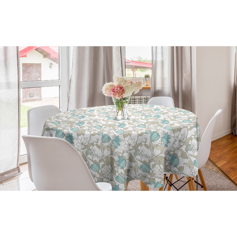 Ambesonne Floral Round Tablecloth, Soft Tone Hand Drawn Like White Flowers Pointy Petals Repetitive Pattern, Circle Table Cloth Cover For Dining Room Kitchen Decoration, 60", Turquoise Grey Yellow