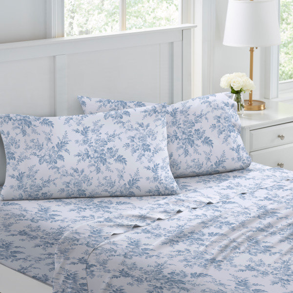 Brushed Cotton Flannel Sheet Set, Queen Sheet Set with 2 Pillowcases, Vanessa Blue