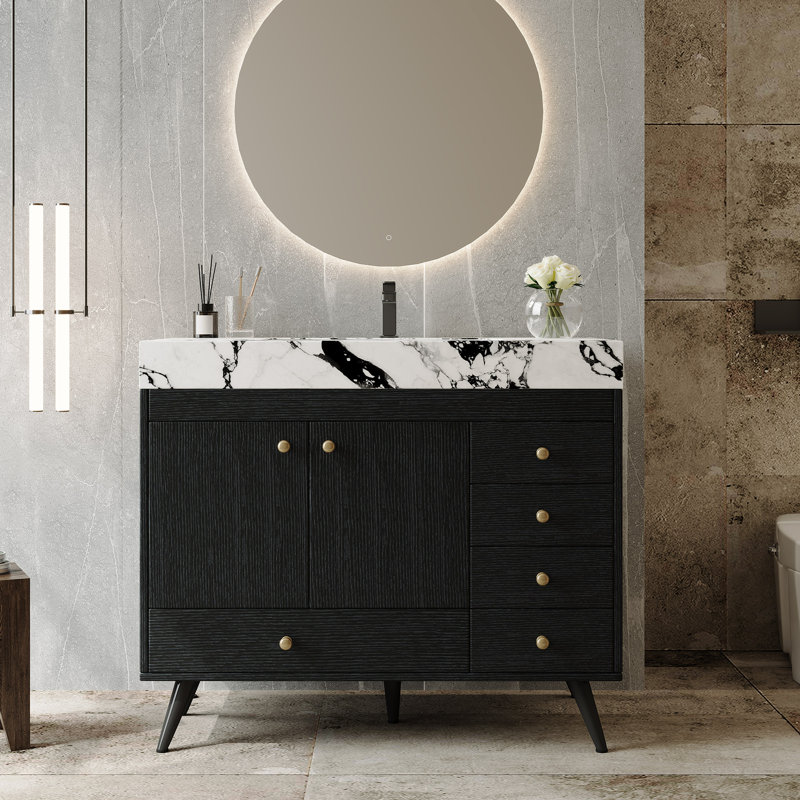 Meubles-lavabos en pouces (incluant le meuble et le lavabo) avec rangement, salle de bain moderne en marbre et bois, Noir