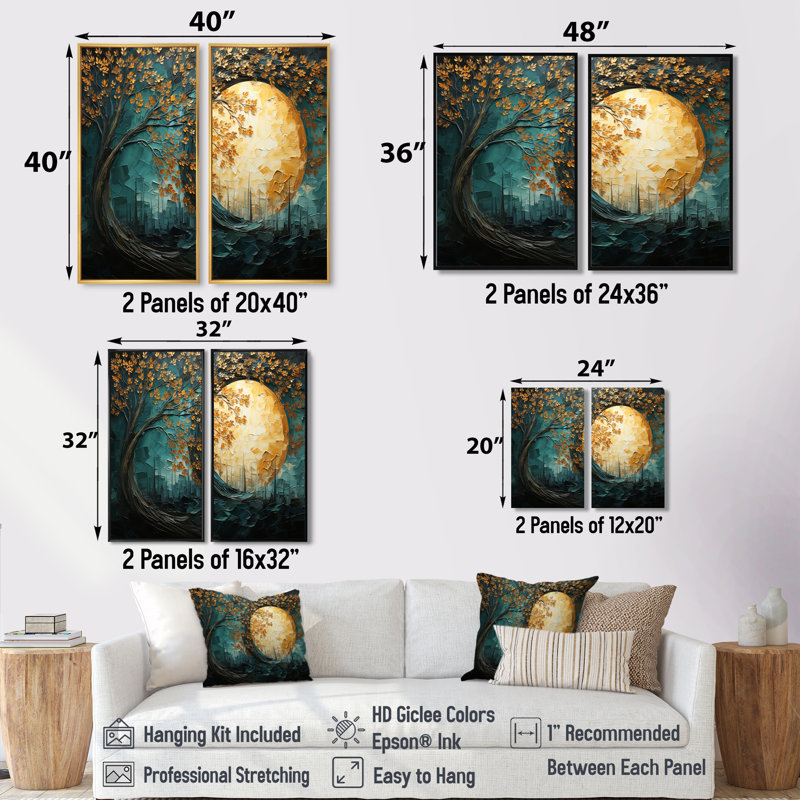 Golden Emerald Forest I - impressions sur toile modernes à 2 panneaux, 36" H x 48" W, Impression encadrée flottante, Gold