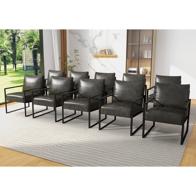 24.6" Wide Minimalist Soft Cushioned Back Upholstered Sled Base Arm Accent Chair (Set of 10), Dark Gray Faux Leather
