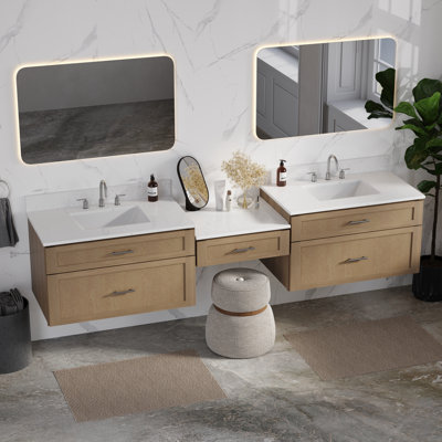Disar 96" Floating Wall Mounted Double Bathroom Vanity With Desk  Carrara Quartz Top