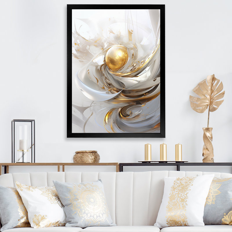 Impression sur toile Fractal Gold Sphere On White I - Fractals, H 40 po x l 30 po x P 1,5 po, Cadre simple noir