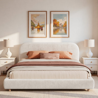 Upholstered Bed with Curved-Shape Design Thick Headboard and Rubber Wood Legs