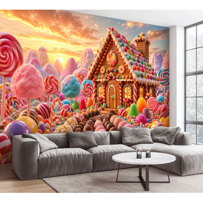 Wall Mural Peel and Stick Wallpaper Magical Candy Land scene ginger bread house 3d render Self-Adhesive Removable Contact Paper Wall Decor for Living Room Bedroom 100"H x 144"W