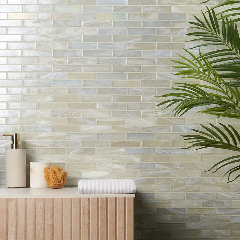 Artwater Iridescent 12x12 Brick Iridescent Polished Glass Mosaic Tile, Pearl White