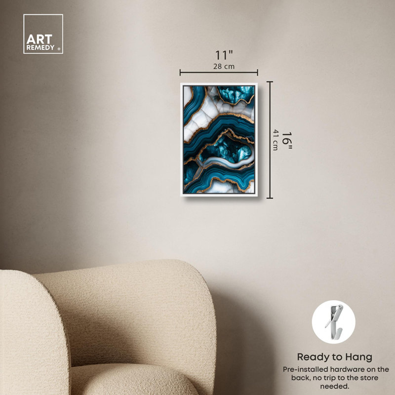 Art mural bleu sarcelle Tectonic III , Cadre flottant blanc, H 16 po x l 11 po