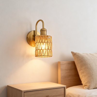 Boho Wall Sconce With Rattan Shade, Vintage Gooseneck Hardwired Wall Light For Bedroom, Living Room, Hallway, Brass Finish