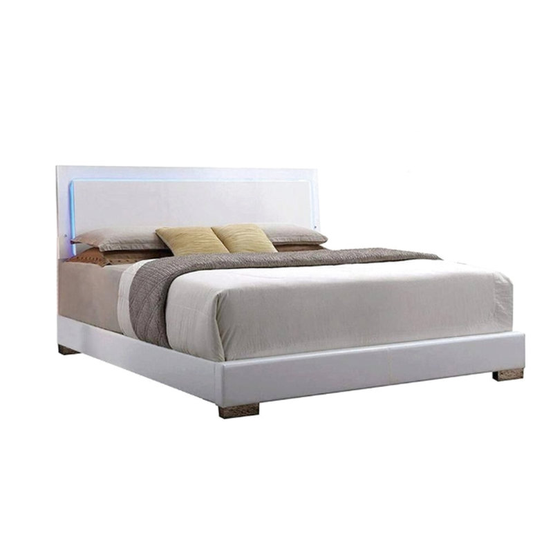 Lit pour grand lit à DEL, conception en cuir synthétique blanc, pieds droits, finition de tête de lit ultrabrillante, rails rembourrés et profil bas, 3 lattes pour plus de stabilité, charge de 660 lb, hauteur de lit de 49 po avec,