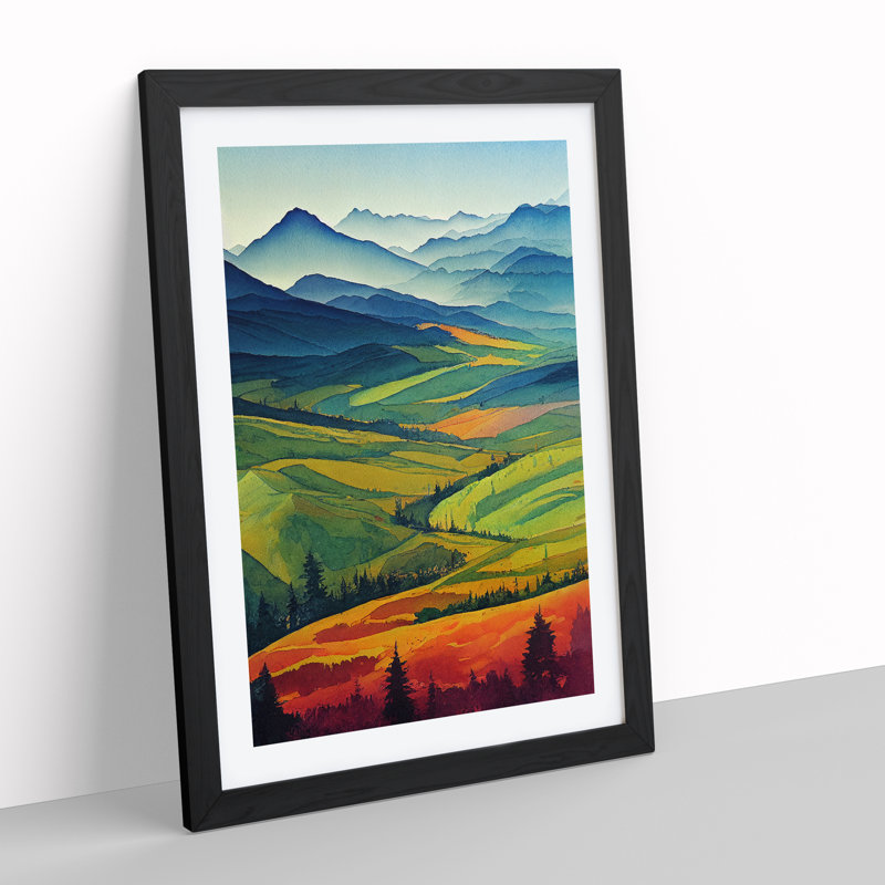 Watercolour Meadow Landscape No.1 - Wall Art, White, Black Frame, 64cm H x 46cm W