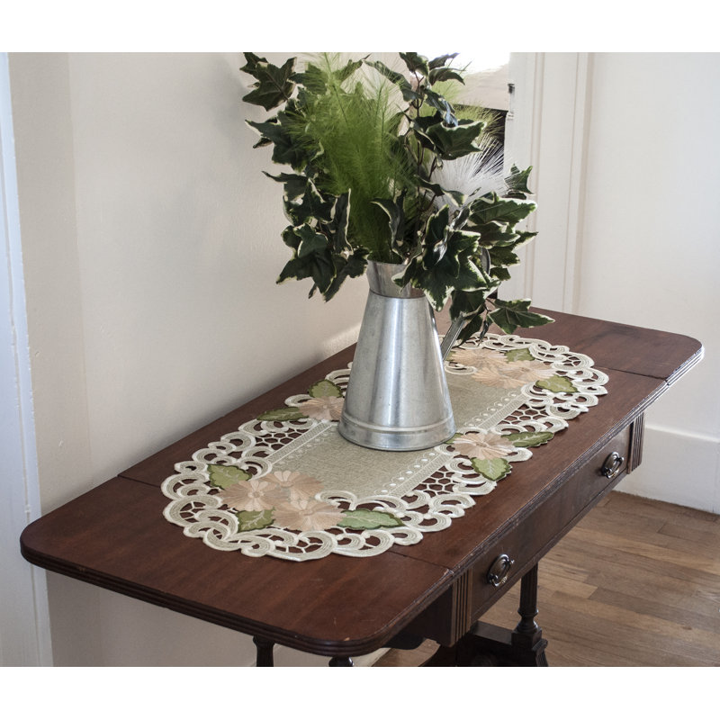 Georgiana Gold Daisy Fleur Latte Green Table Runner, 26" x 12"