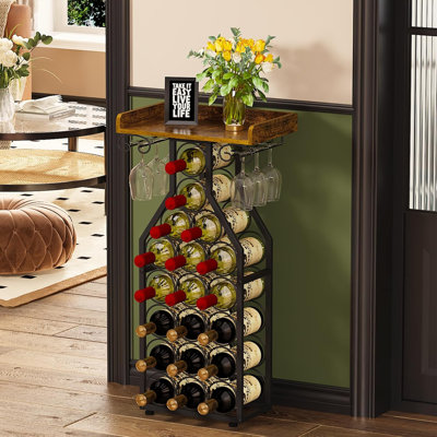 Wine Rack Freestanding Floor, Wine Storage Rack Mini Bar Table With Tabletop, Glass Holder Wine Bottle Display Stand Liquor Cabinet For Home Bar Kitch by Everly Quinn