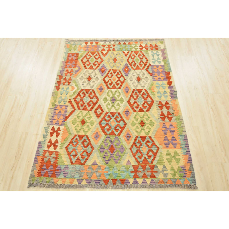 Tapis rouge en laine noué à la main de conception unique 4 pi 3 po x 5 pi 6 po