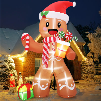 Décoration de Noël gonflable pour jardin extérieur : bonhomme en pain d'épice lumineux DEL de 2,4 m