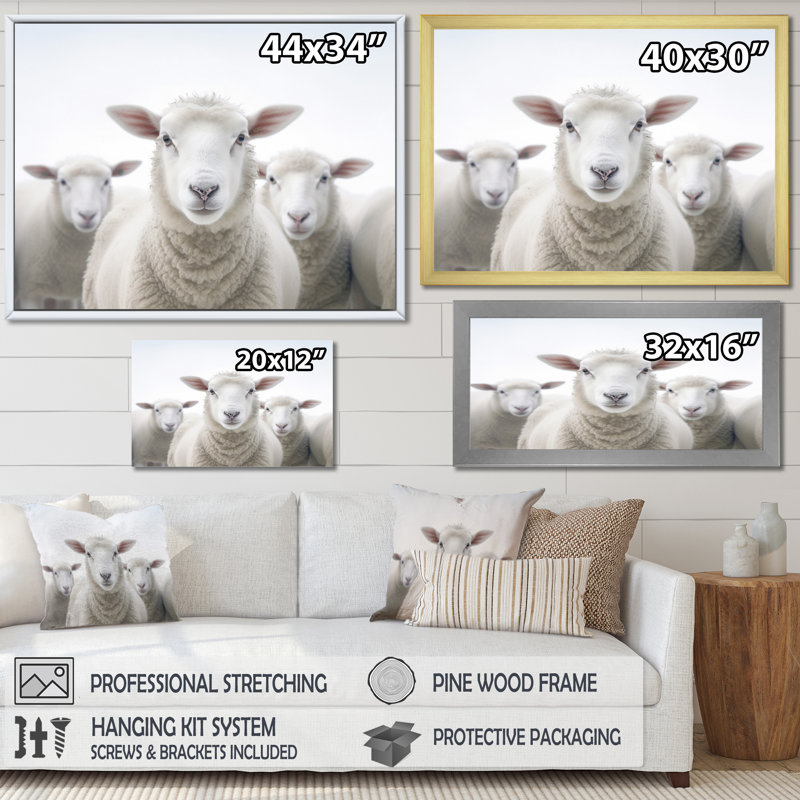 Mouton blanc blanc minimaliste, H 16 po x l 32 po x P 1 po, Cadre simple noir