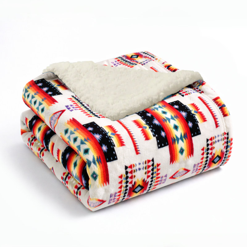 Couverture en molleton moelleux avec revers en sherpa, L 40 po x L 60 po, Blanc géométrique